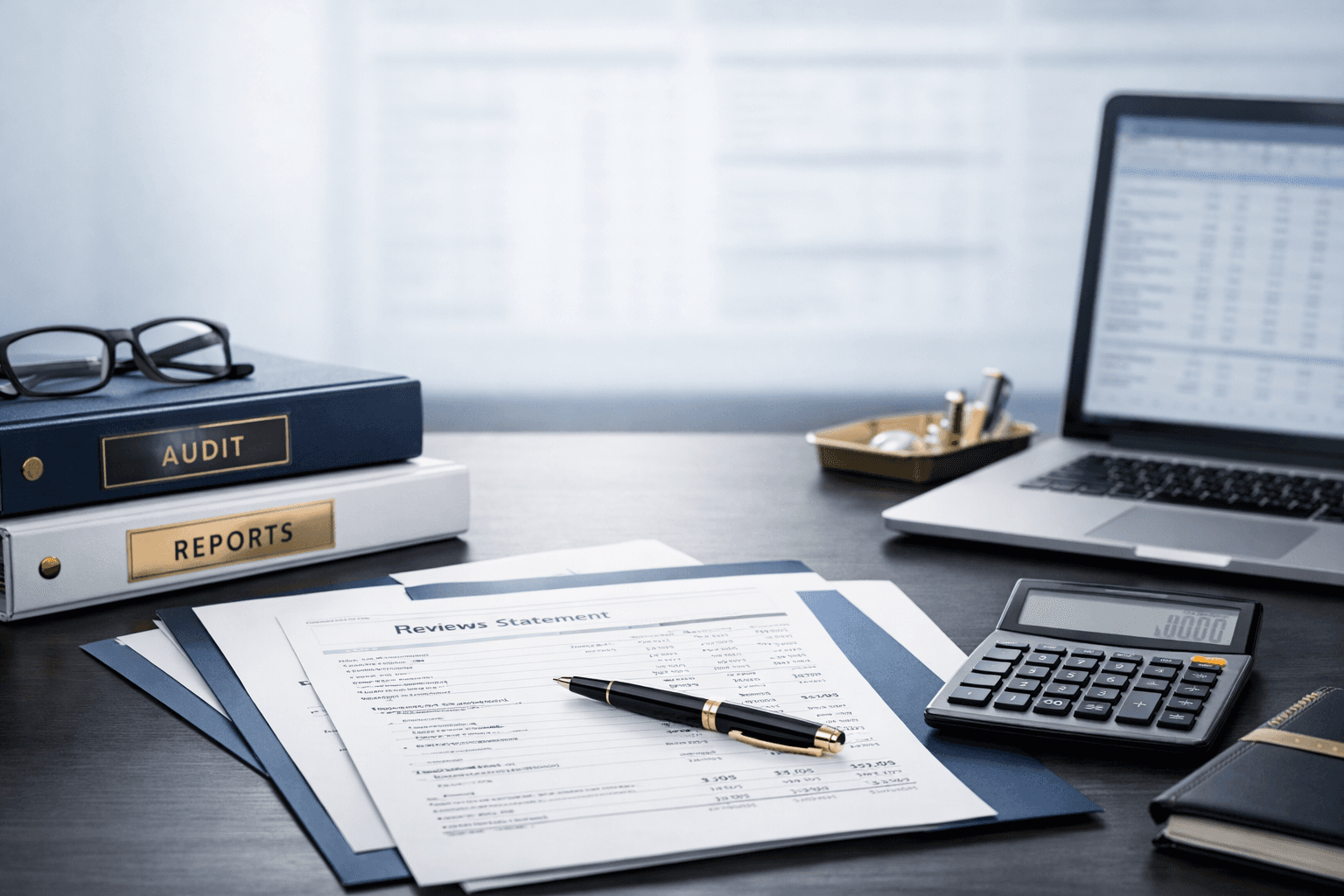 Professional audit desk with reports, calculator, and financial review documents
