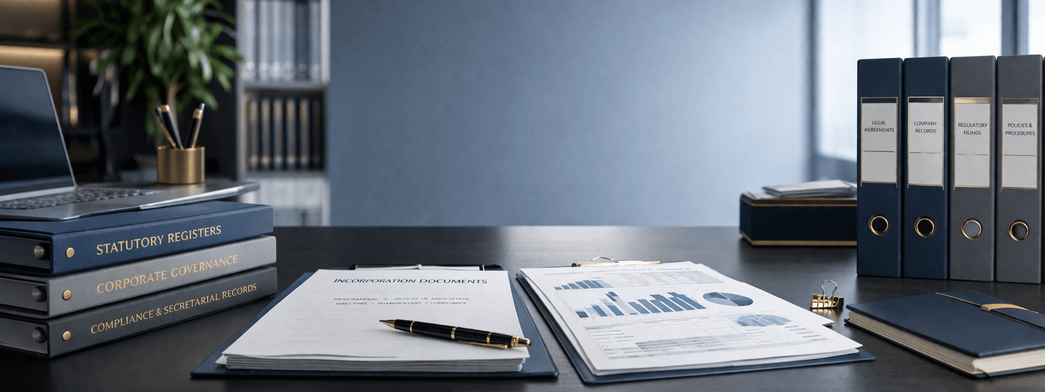 Corporate compliance desk with incorporation papers, registers, and legal documents