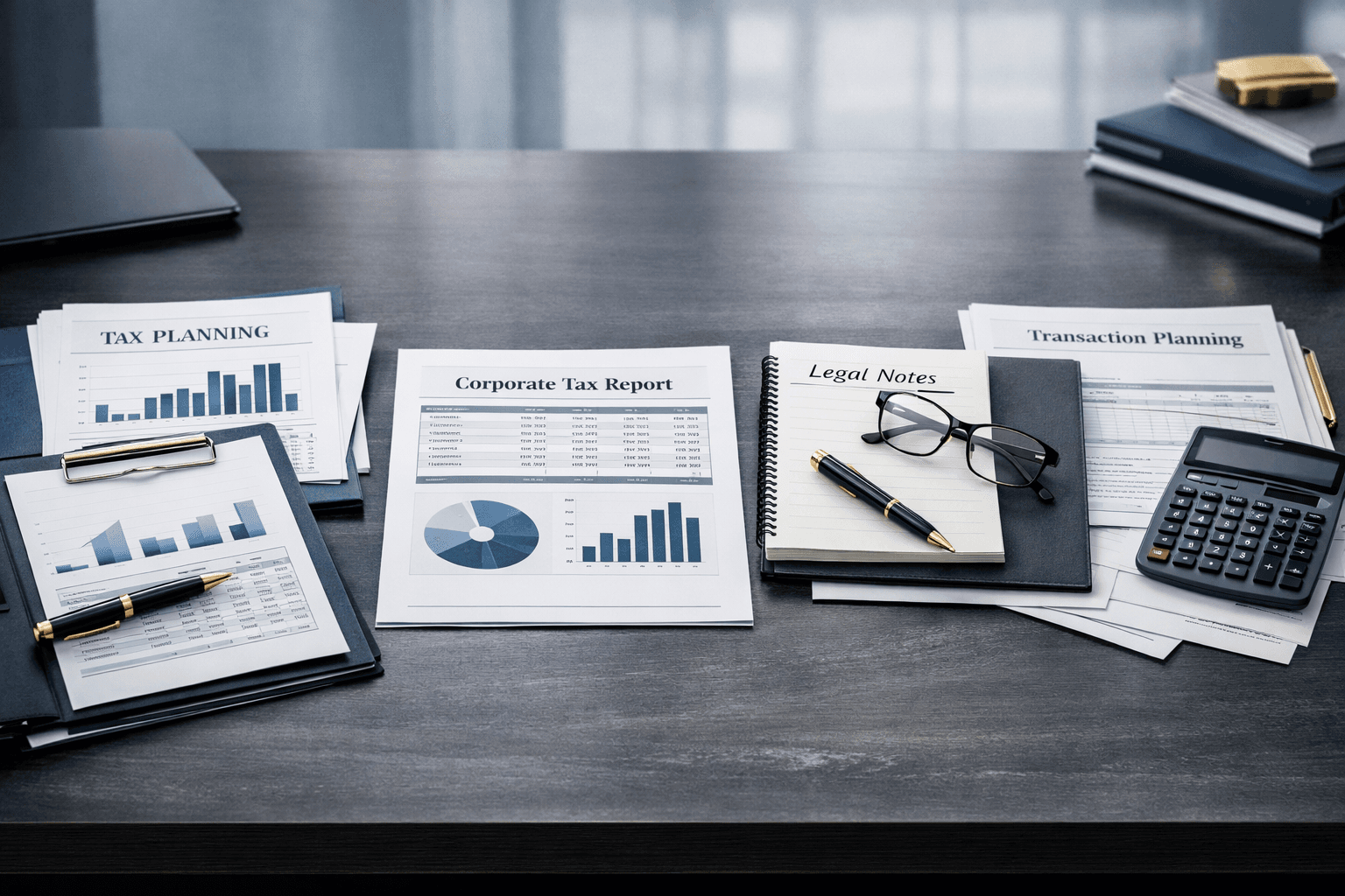 Corporate taxation strategy papers with charts and advisory documents