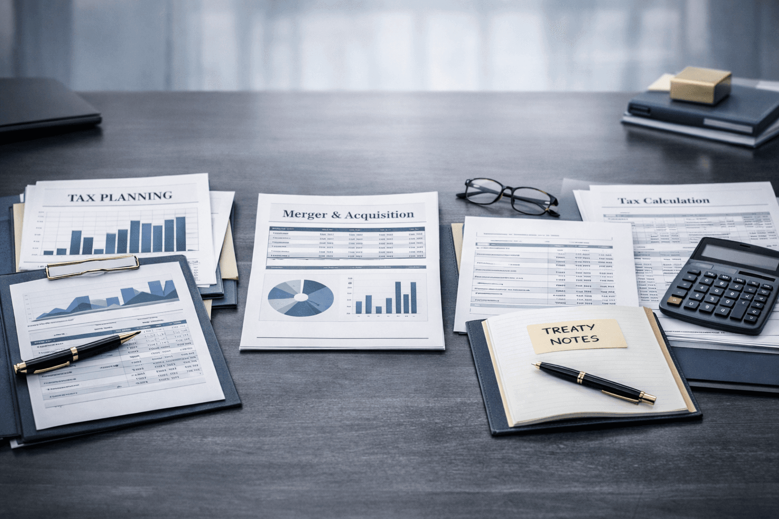 Tax planning session with transaction documents, charts, and acquisition notes